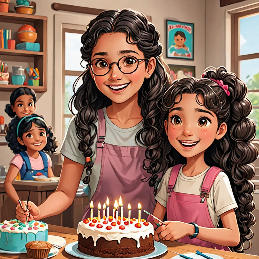 a woman and two children are standing in front of a cake with lit candles on it and a birthday cake with candles on it, american scene painting, a storybook illustration, Ella Guru, comic cover art