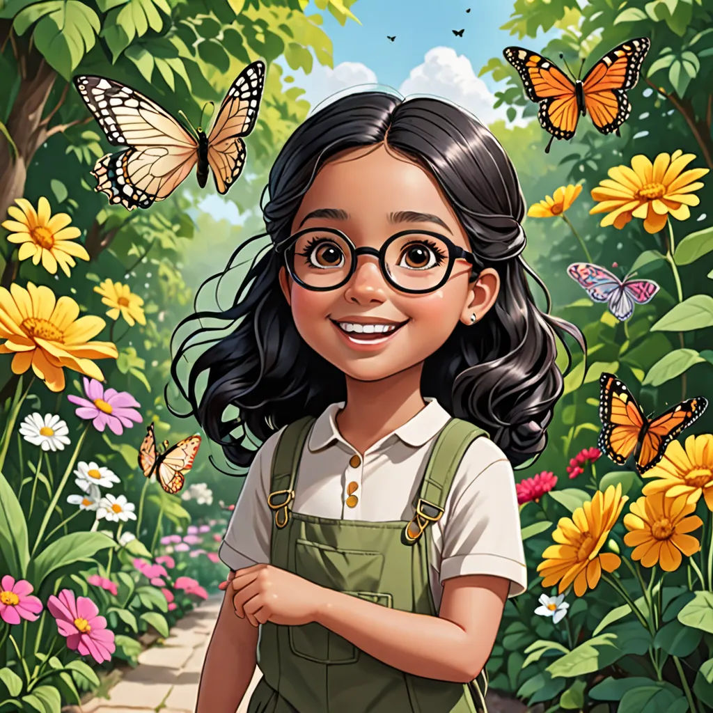 a girl with glasses and a green apron standing in a garden with butterflies flying around her and smiling at the camera, magical realism, a character portrait, Alson S. Clark, comic cover art