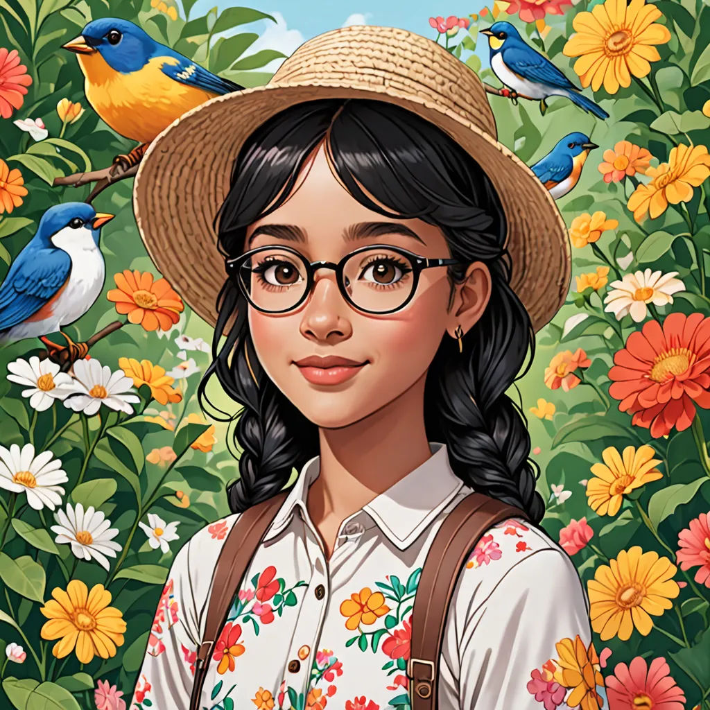 a woman with glasses and a hat standing in front of flowers and birds on a sunny day with a blue sky, photorealism, a character portrait, Colin Middleton, character portrait