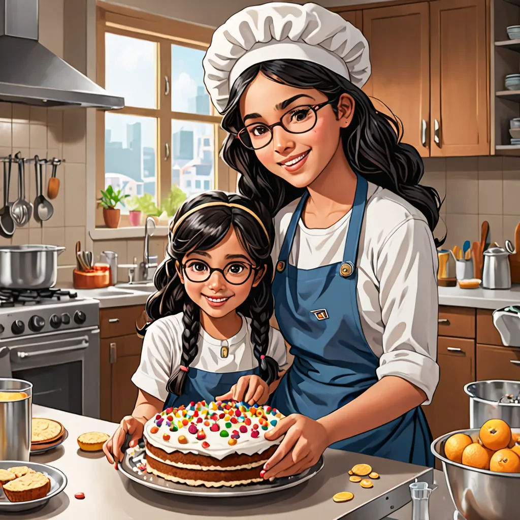 a woman and a girl are standing in front of a cake with sprinkles on it and a plate with a cake on it, lyco art, a storybook illustration, Anthony Devas, highly detailed digital painting