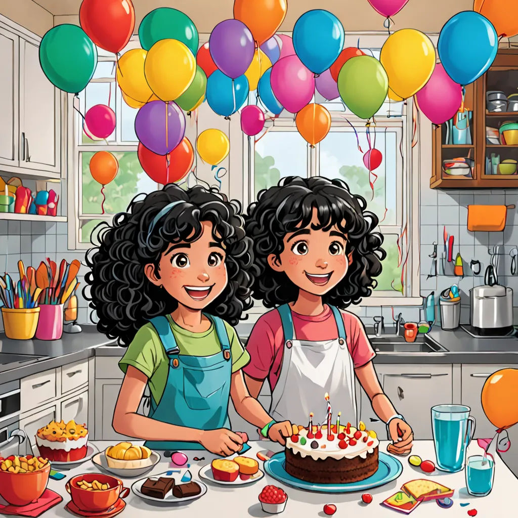 two girls are standing in front of a birthday cake with candles on it and balloons in the background,, lyco art, a storybook illustration, Anthony Devas, comic cover art