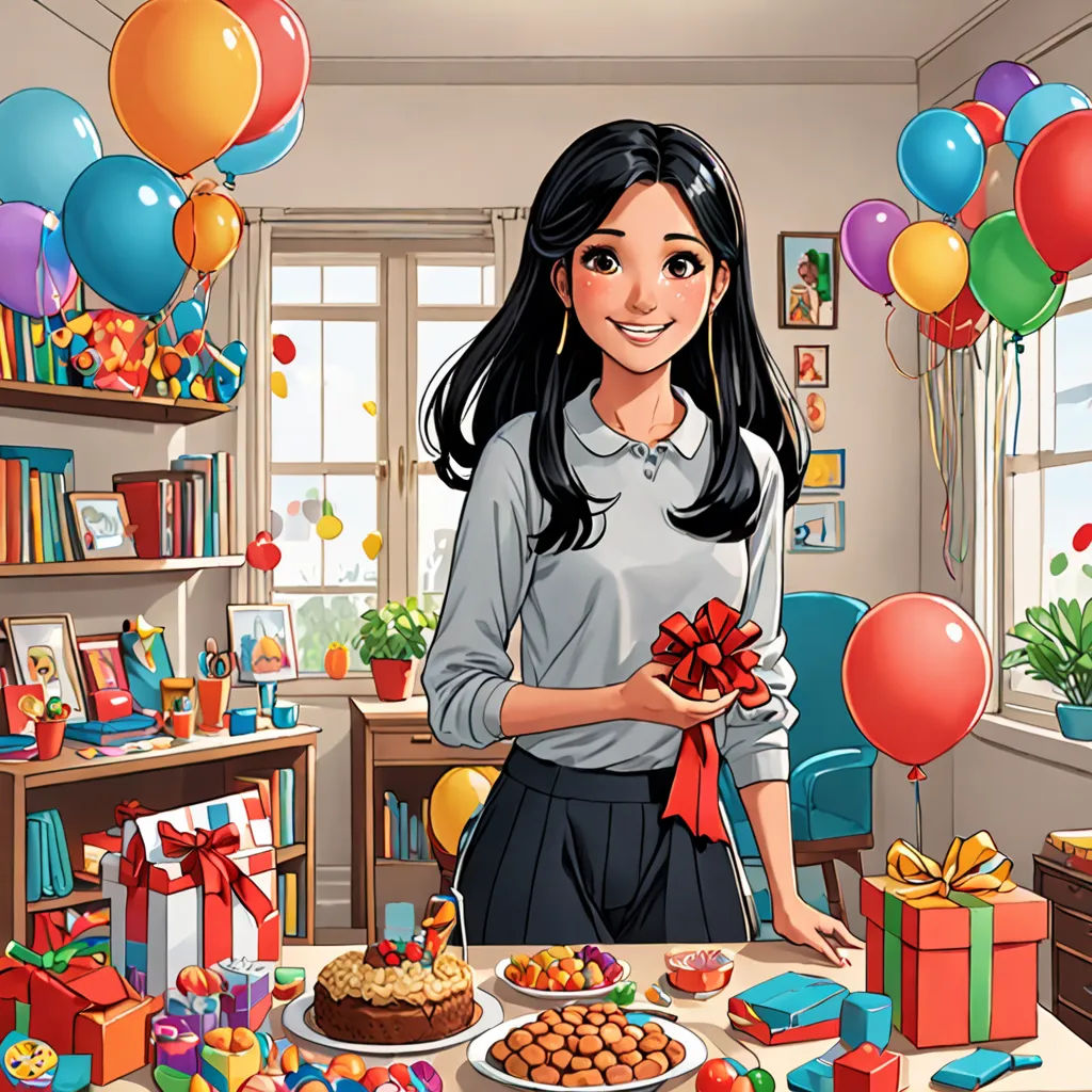 a woman holding a present in front of a table with a cake and balloons on it and a bunch of presents, lyco art, a comic book panel, Chen Lin, promotional image
