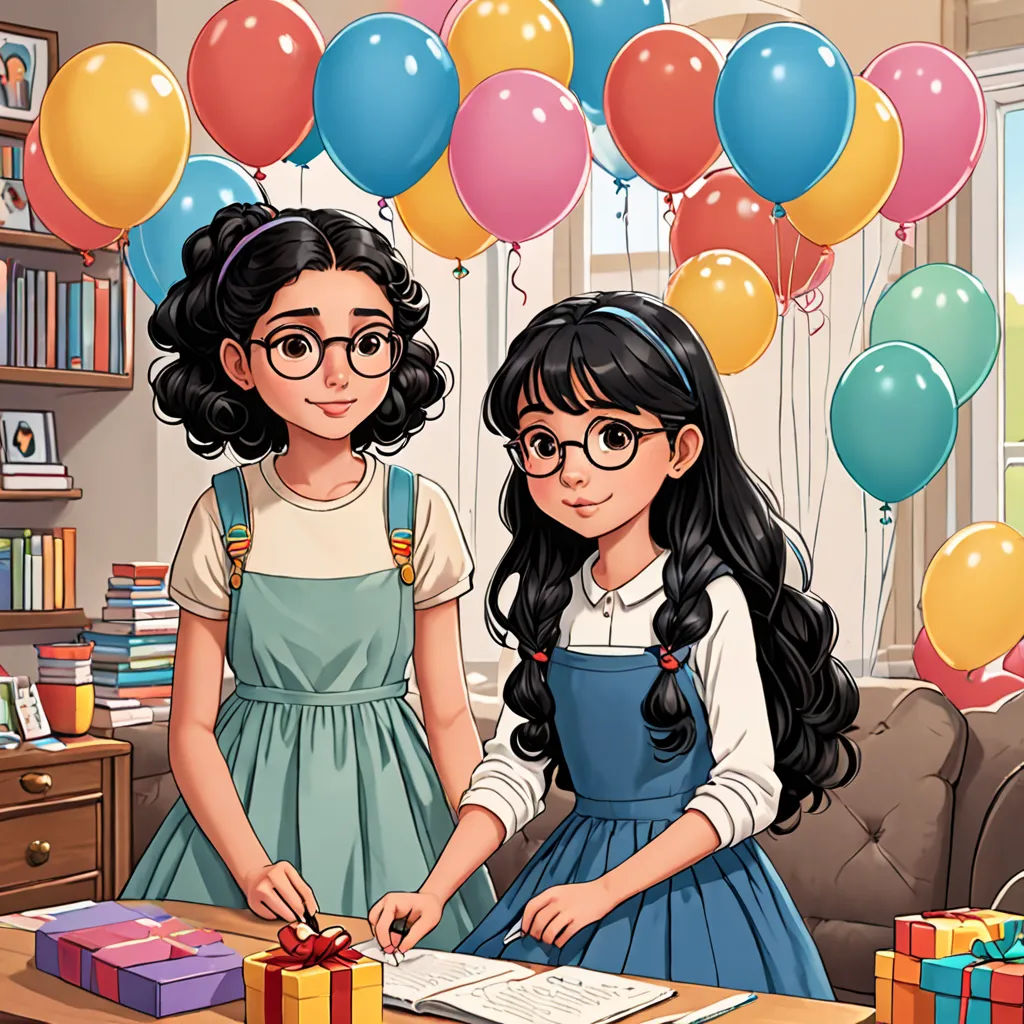 a girl and a girl are standing in front of a table with gifts and balloons on it, and a girl is holding a pen and a girl is looking at a book, serial art, a storybook illustration, Ada Gladys Killins, comic cover art
