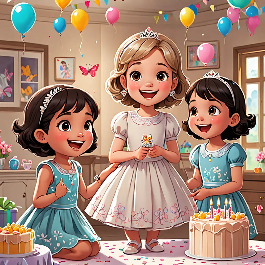 a group of children standing around a birthday cake with candles on it and balloons in the background, with a cake with candles on it, lyco art, a storybook illustration, Caroline Lucy Scott, official art