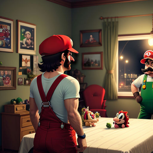a man and a woman standing in a room with mario and luigi in the background, and a nintendo character in the foreground