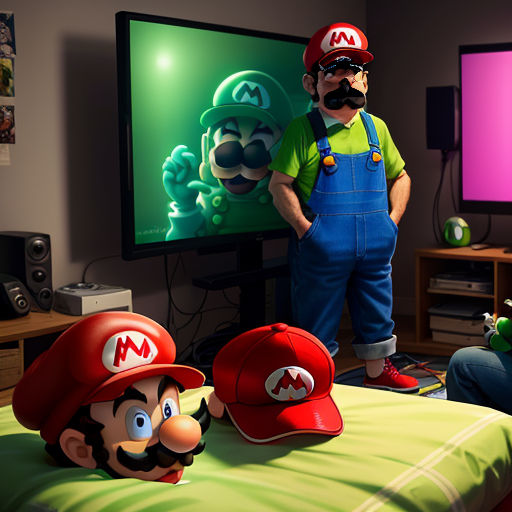 a nintendo wii game character standing next to a nintendo wii game character in a bedroom with a nintendo wii game on the wall