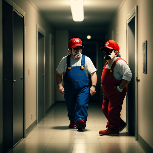 two men in red and blue overalls are walking down a hallway together with a red hat on their head