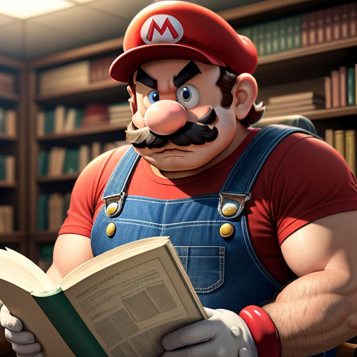 a man reading a book in a library with a mario bros character in the background and a book in his hand