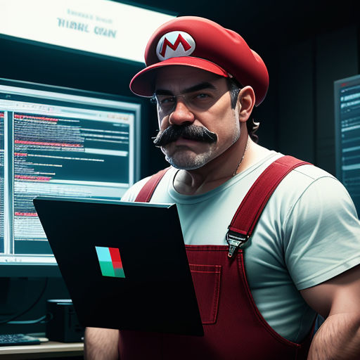 a man in a red hat and red apron holding a laptop computer in front of a monitor with a menu on it