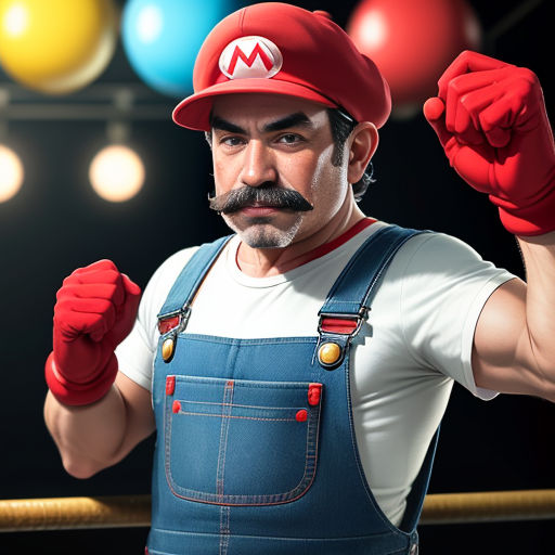 a man with a mustache and a mustache wearing a red hat and overalls and holding a fist up