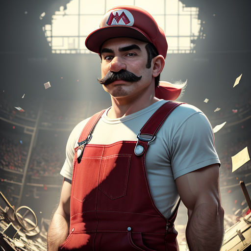 a man with a mustache and a mustache mustache in a baseball cap and overalls in a stadium with a moustache