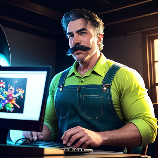 a man with a mustache is using a laptop computer and a mouse to play a video game on the computer