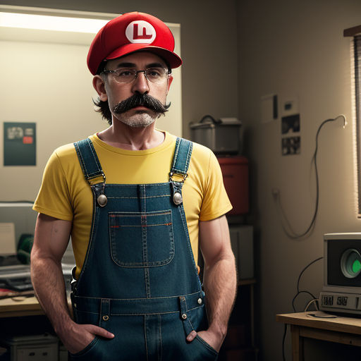 a man with a mustache and a hat on standing in a room with a computer monitor and a keyboard