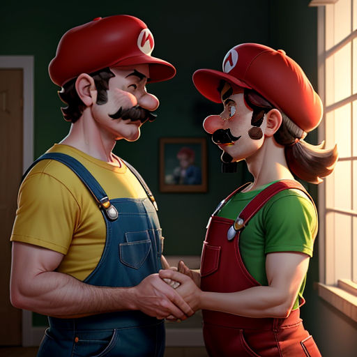 a man and woman are standing next to each other in a room with a window and a picture on the wall