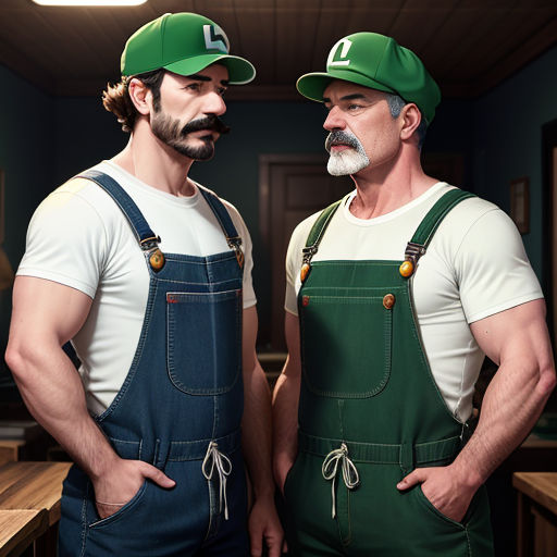 two men in overalls and hats standing next to each other in a room with wooden tables and benches