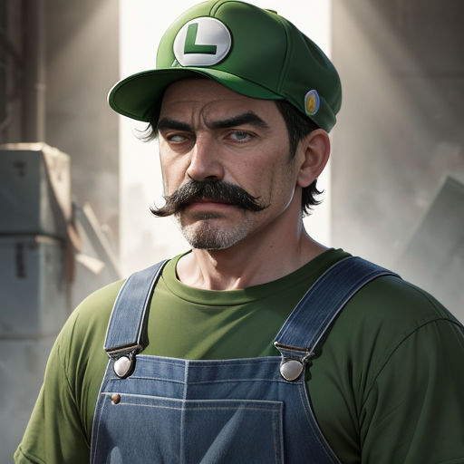 a man with a mustache and a green shirt and hat on, standing in a room with a machine