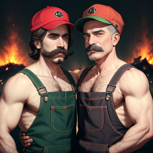 two men with mustaches and hats standing next to each other in front of a fire and smoke background