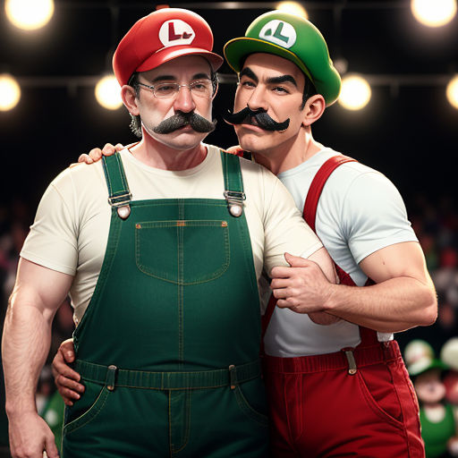 two men with fake mustaches and green overalls are posing for a picture together in front of a crowd