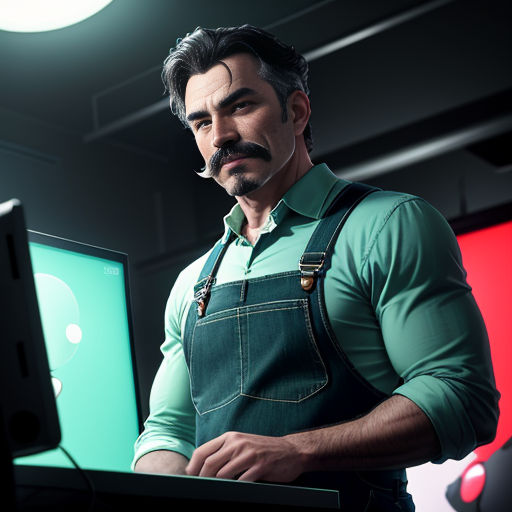 a man with a mustache is looking at a computer screen with a green screen behind him and a red screen behind him