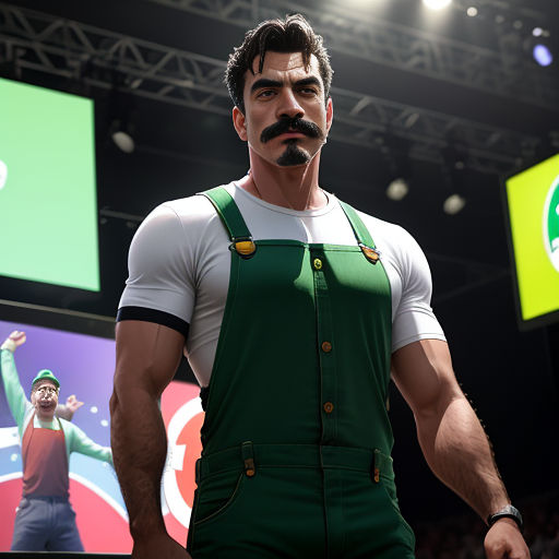 a man with a mustache and green overalls standing in front of a screen with a man in a green shirt
