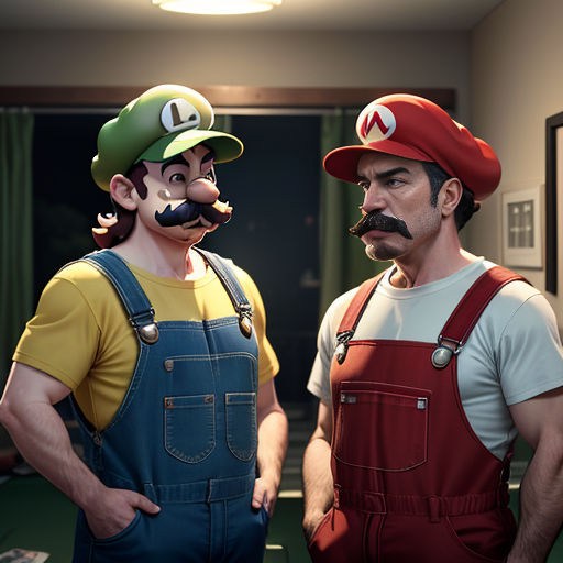 two cartoon characters are standing in a room with a mirror and a door behind them, one is wearing a hat and the other is wearing overalls