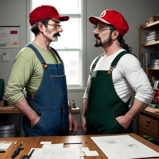 two men in aprons and hats standing next to each other in an office setting with papers on the table