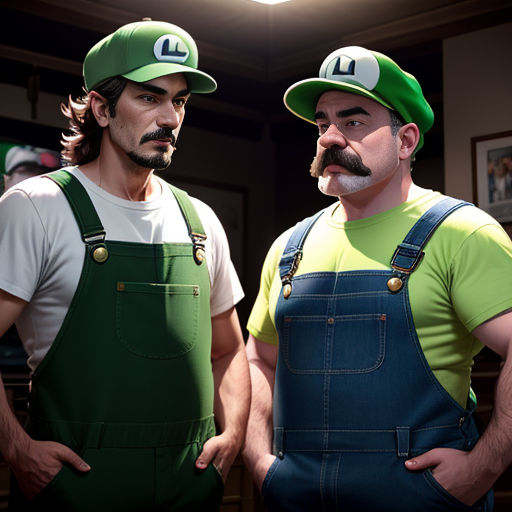 two men in overalls and hats standing next to each other in a room with a ceiling light above them