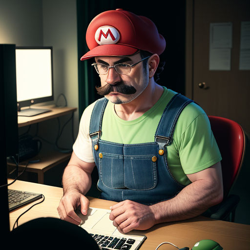 a man in overalls and a red hat working on a laptop computer at a desk with a keyboard and mouse