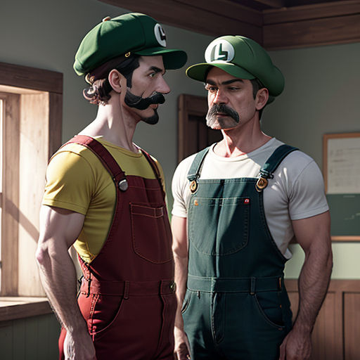 two men in overalls and hats standing next to each other in a room with a window and a sign