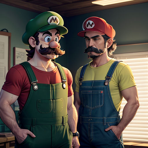 two men in overalls and hats standing next to each other in a room with a window and a desk