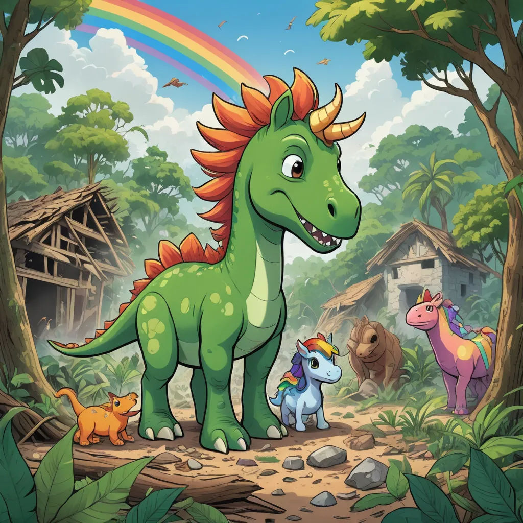 a cartoon dinosaur with a rainbow in the background and a rainbow in the foreground, and a small dinosaur in the foreground, sots art, a storybook illustration, Adam Rex, key art