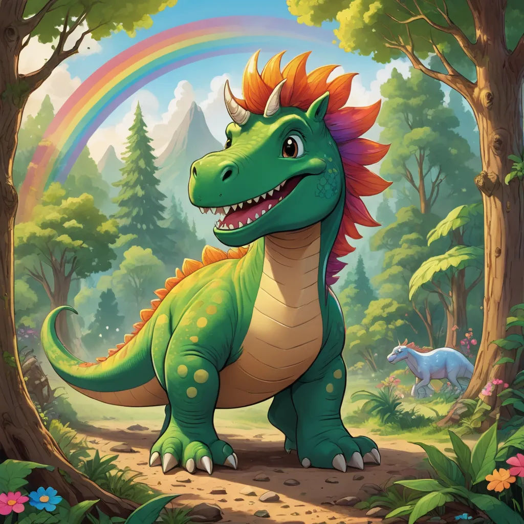 a cartoon dinosaur with a rainbow in the background and trees and flowers around it, with a rainbow in the background, sots art, a character portrait, Adam Rex, rossdraws global illumination