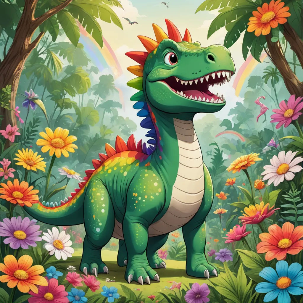 a dinosaur in the jungle with flowers and plants around it illustration by alex krautman for the children's book, lyco art, a character portrait, Adam Rex, rossdraws global illumination