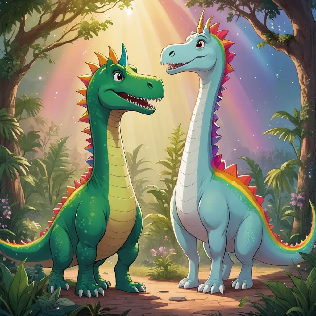 two dinosaurs in the jungle with a rainbow background illustration by alex krapfer for the children's book, the land of dinosaurs, sots art, a storybook illustration, Adam Rex, promotional image
