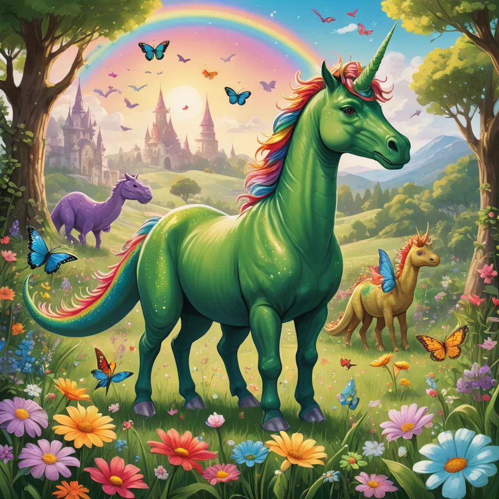 a painting of a unicorn and other animals in a field of flowers and butterflies with a rainbow in the background, pop surrealism, an album cover, Chris LaBrooy, rossdraws global illumination