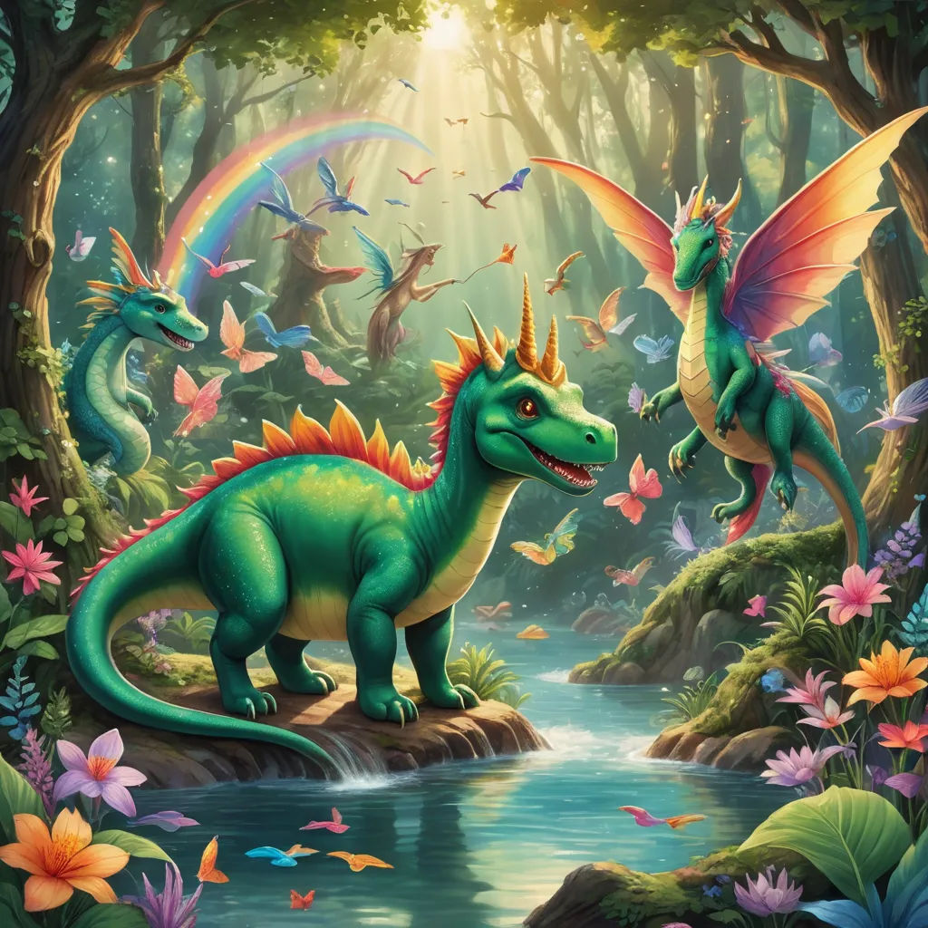 a painting of a dragon and a dragon in a forest with a stream of water and butterflies flying around, fantasy art, a storybook illustration, Chris LaBrooy, dragon art