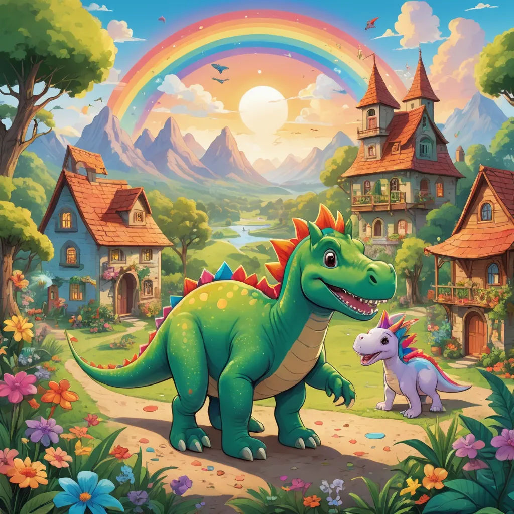 a dinosaur and a baby dinosaur in a beautiful landscape with a rainbow in the background and a castle in the background, fantasy art, a storybook illustration, Chris LaBrooy, rossdraws global illumination
