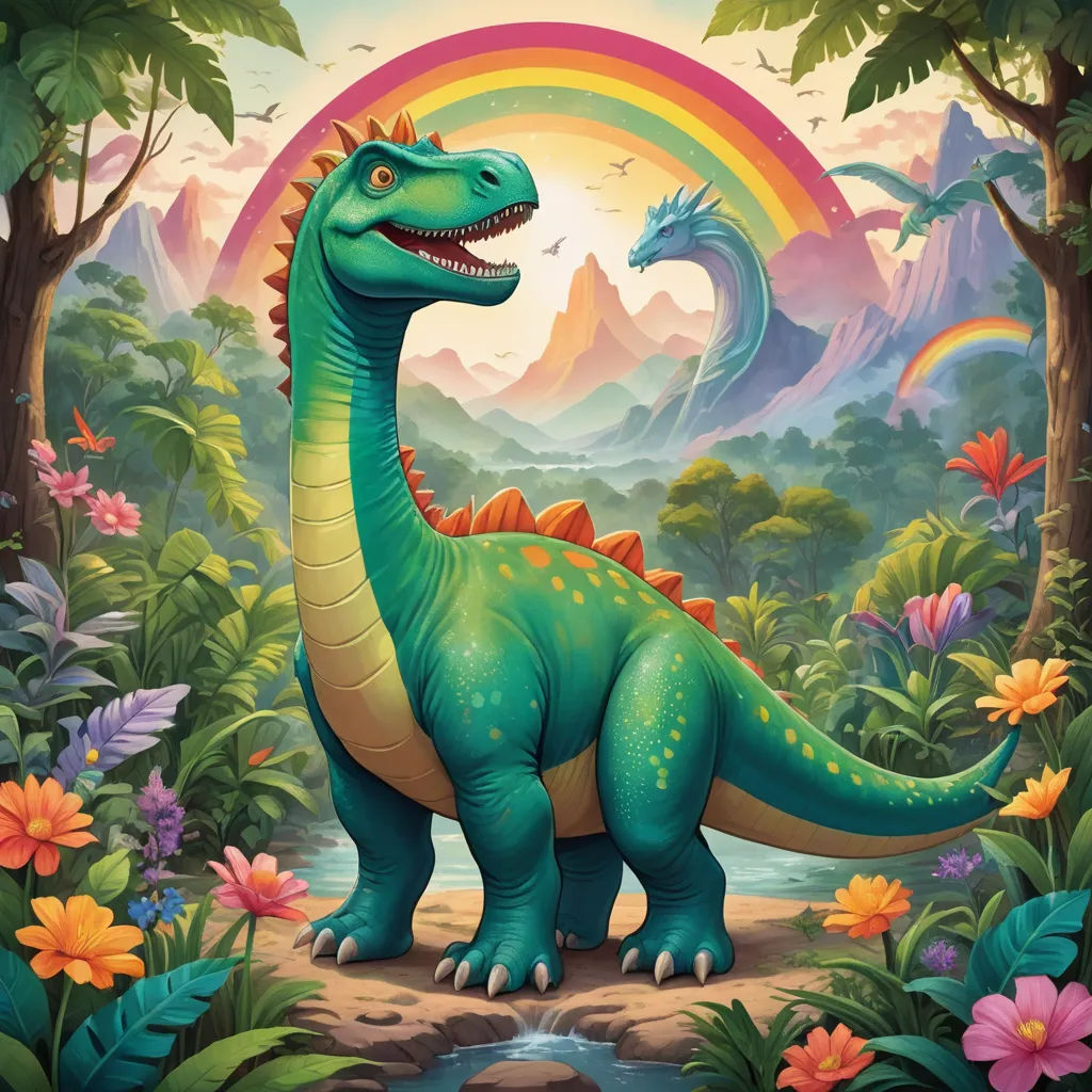 a dinosaur in a jungle with a rainbow in the background and flowers around it, with a rainbow in the background, fantasy art, a storybook illustration, Chris LaBrooy, rossdraws global illumination