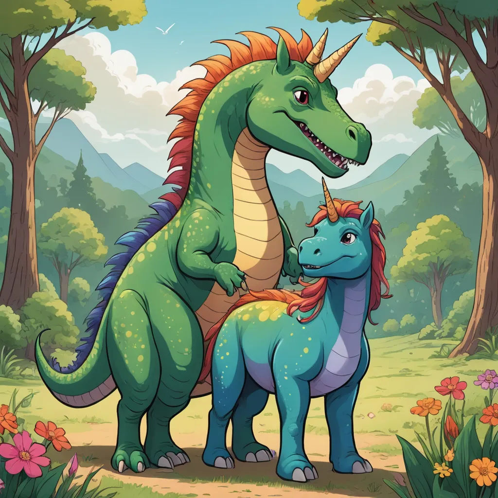 a mother dragon and her baby in a forest scene with flowers and trees on the background of a mountain, furry art, a storybook illustration, Adam Rex, furaffinity