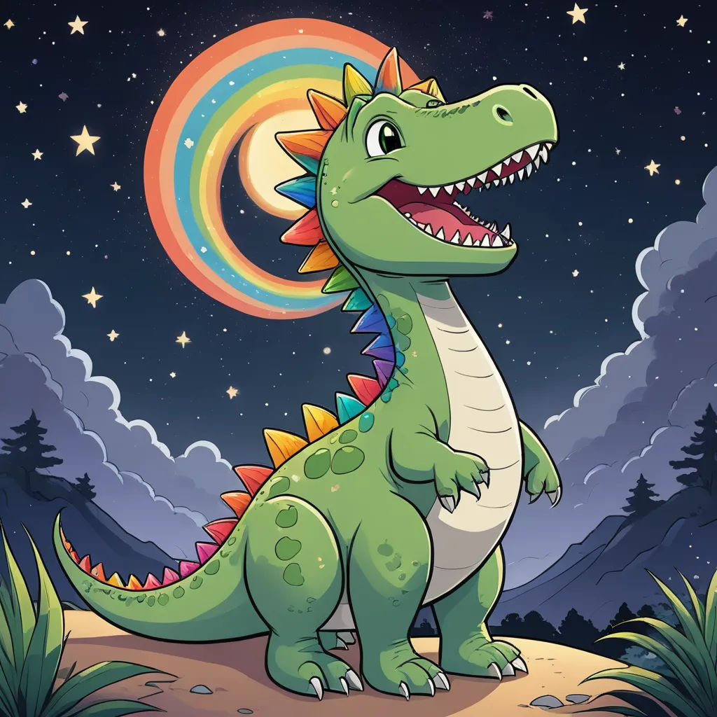 a dinosaur with a rainbow in the sky and stars in the sky behind it, with a rainbow in the background, sots art, a character portrait, Adam Rex, game art