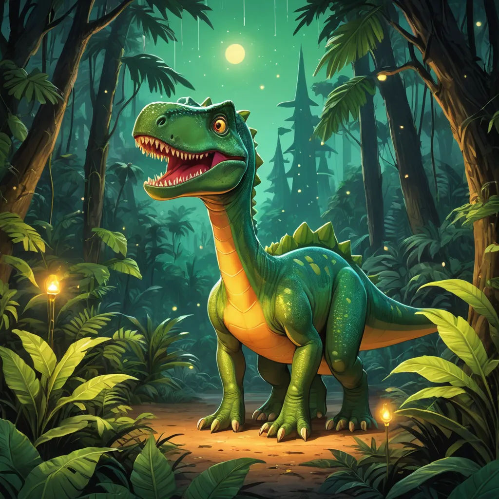 a dinosaur in the jungle with a flashlight in its mouth and a full moon in the background with trees and plants, sots art, concept art, Adam Rex, rossdraws global illumination