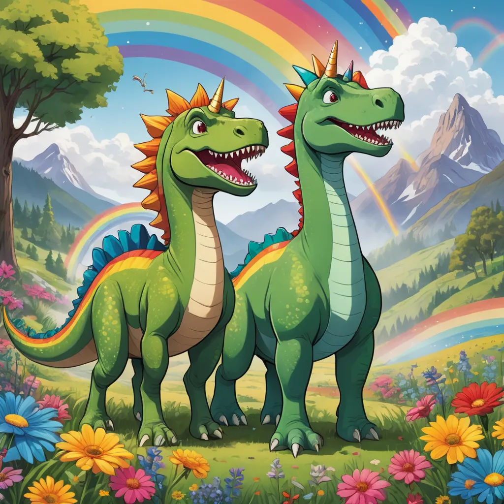 two dinosaurs standing in the grass under a rainbow and a tree with flowers in front of them and a mountain in the background, furry art, a storybook illustration, Adam Rex, furaffinity