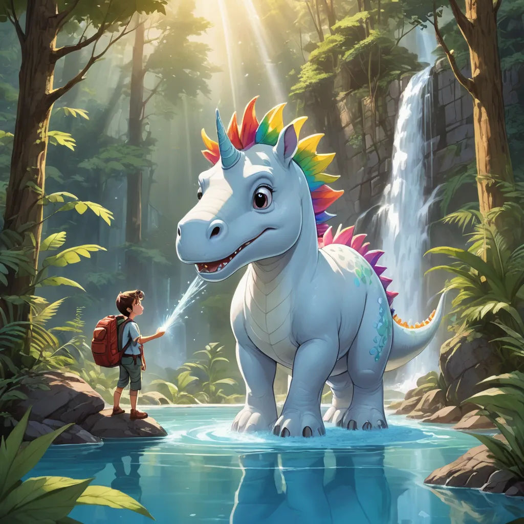 a boy is standing next to a white dinosaur in the forest with a waterfall in the background and a rainbow colored mohawk on its head, fantasy art, a storybook illustration, Adam Rex, rossdraws global illumination