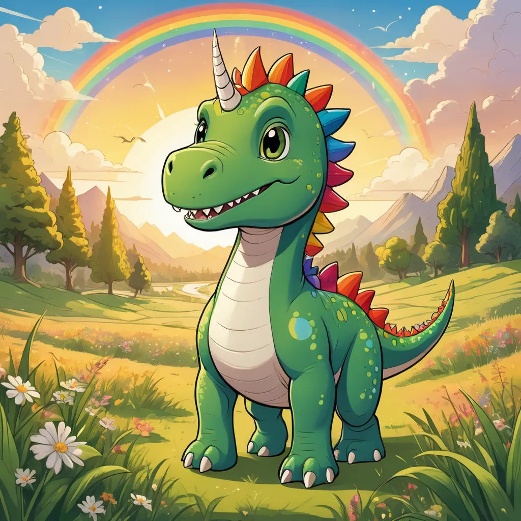 a cartoon dinosaur standing in a field with a rainbow in the background and a rainbow in the sky above, sots art, a character portrait, Adam Rex, game art
