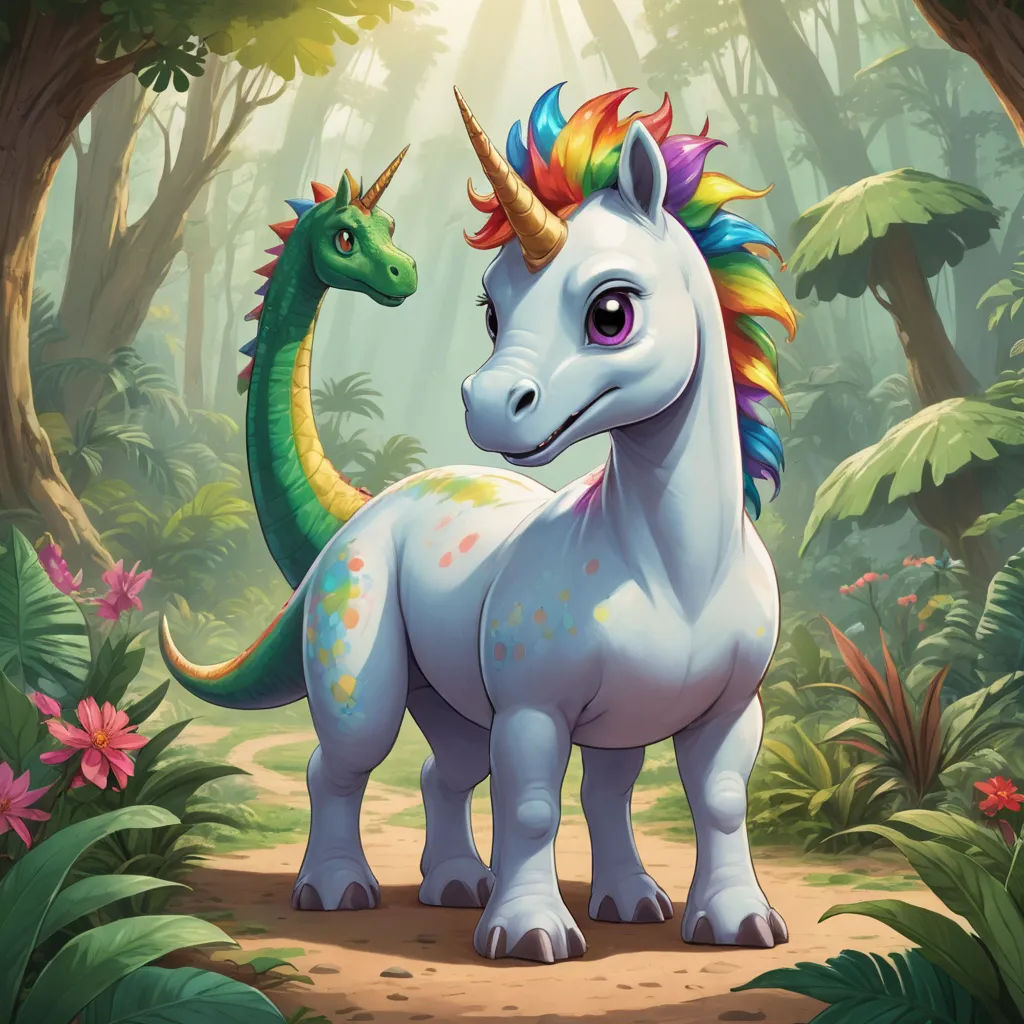 a cartoon unicorn and a dragon in a forest with flowers and trees in the background, with a sunbeam, fantasy art, concept art, Chris LaBrooy, official art