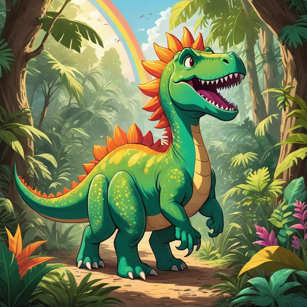 a dinosaur in the jungle with a rainbow in the background illustration by alex krapfer for the children's book, the land of dinosaurs, sots art, a character portrait, Adam Rex, rossdraws global illumination