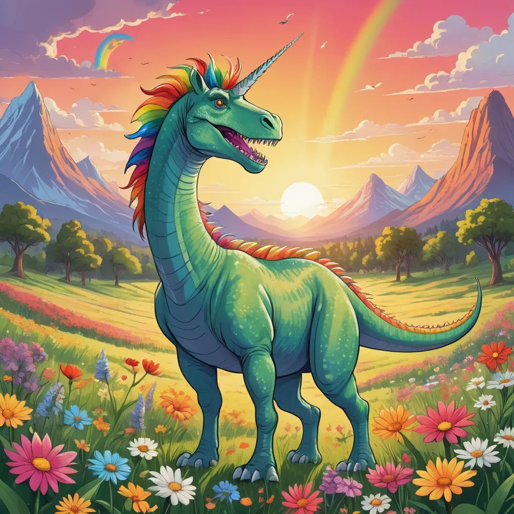 a painting of a dinosaur in a field of flowers and a rainbow in the background with mountains and a rainbow, fantasy art, a character portrait, Adam Rex, rossdraws global illumination