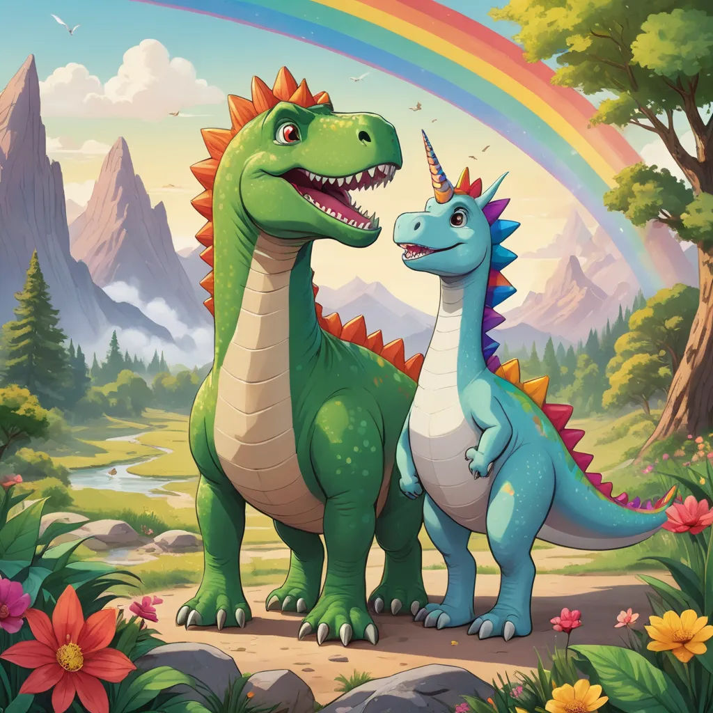 a couple of dinosaurs standing next to each other in a forest with a rainbow in the background and a mountain range in the background, sots art, a storybook illustration, Adam Rex, official art