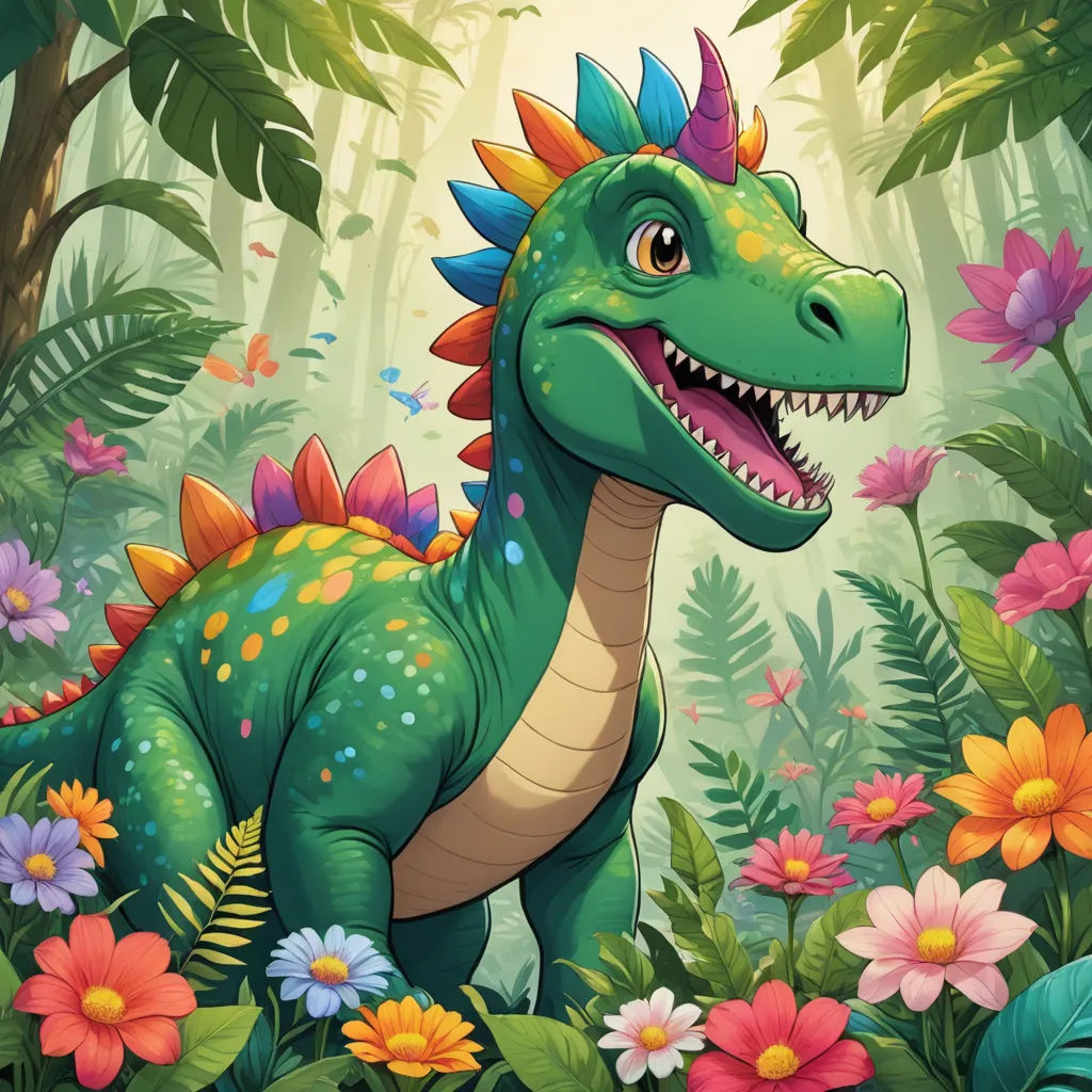 a dinosaur in the jungle with flowers and plants around it illustration by alex krautman for the children's book, fantasy art, a storybook illustration, Adam Rex, rossdraws global illumination