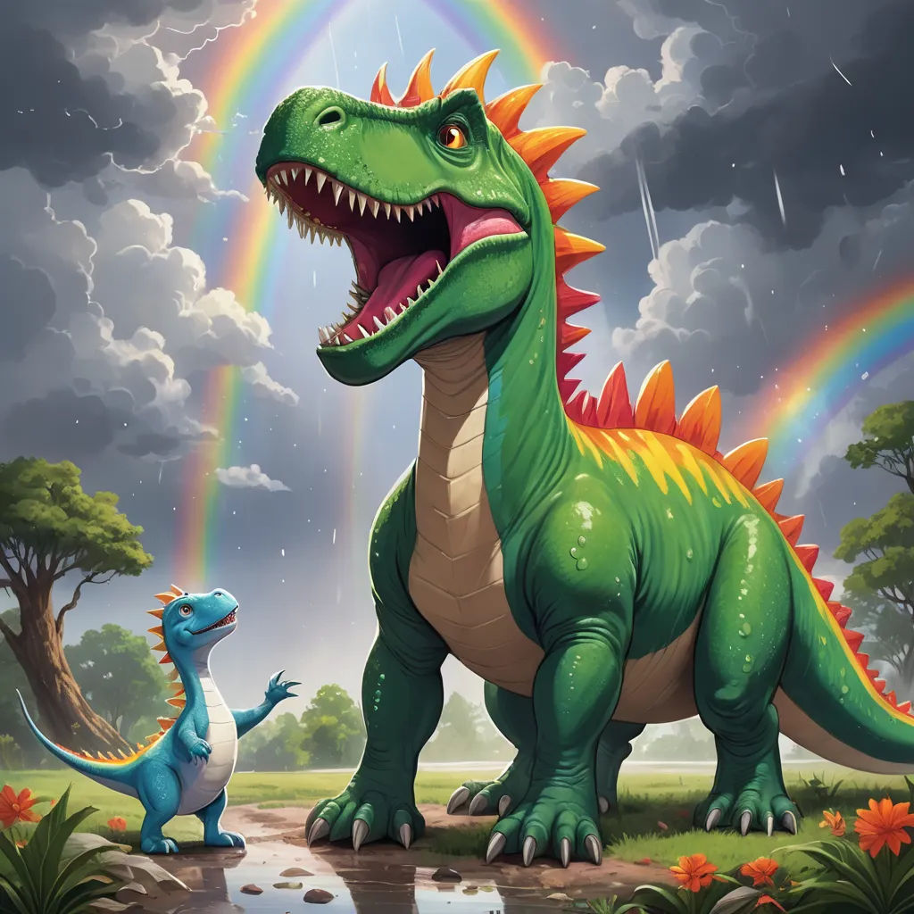 a dinosaur and a dinosaur in a field with a rainbow in the background and a tree and clouds in the background, altermodern, a storybook illustration, Adam Rex, magic the gathering artwork